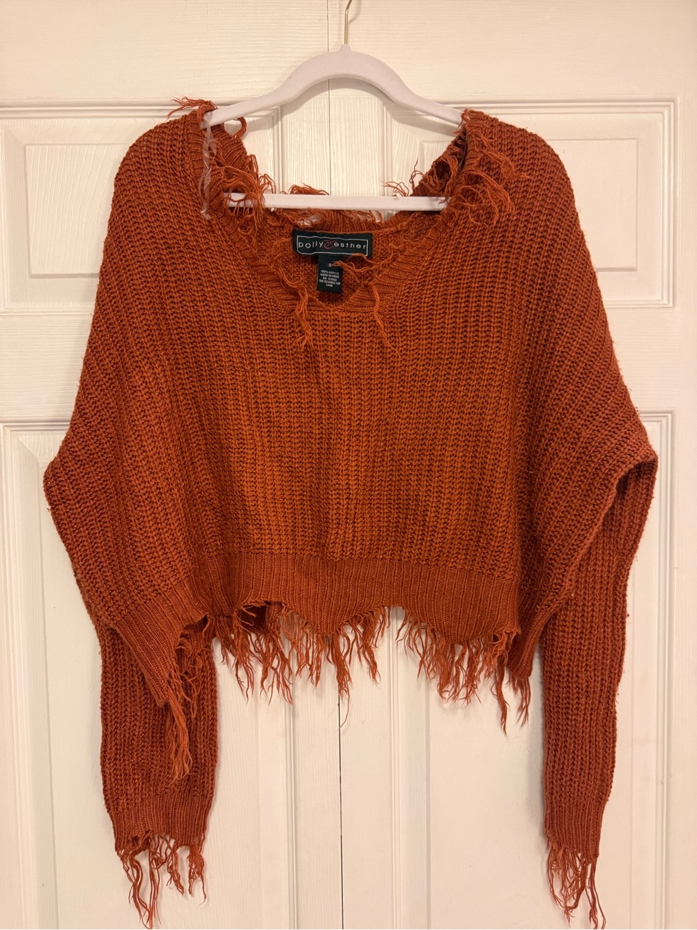 Polly & Esther Distressed Cropped Rust-Orange Knit Sweater